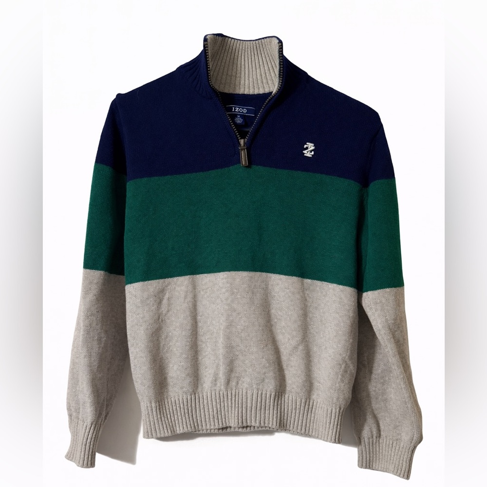 IZOD Boys Quarter Zip Sweater Colorblock Blue Green Gray Size L (10/12)